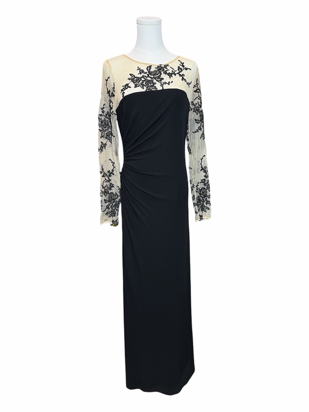 Elegant Black & Cream Lace-Detail Long Sleeve Lace Evening